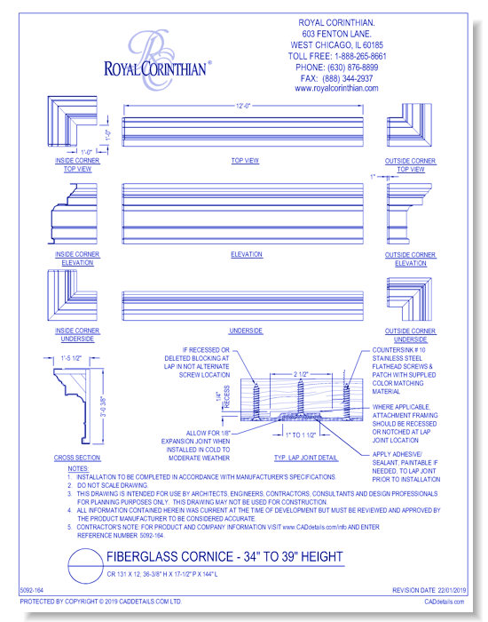 Fiberglass Cornice: CR 131x12, 36-3/8" H x 17-1/2" P x 144" L
