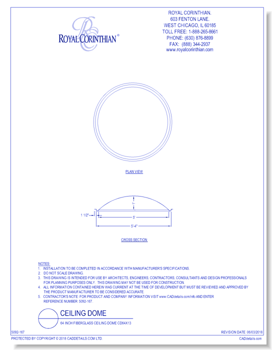64 Inch Fiberglass Ceiling Dome CD64x13