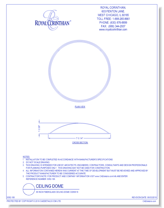89 Inch Fiberglass Ceiling Dome CD89x16