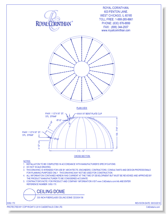330 Inch Fiberglass Ceiling Dome CD330x156