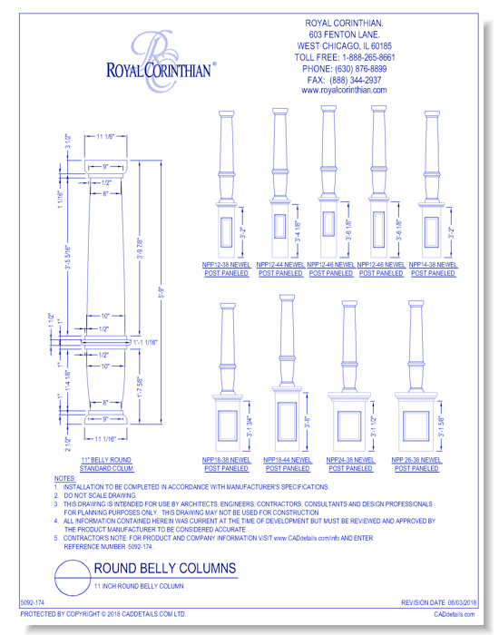 11 Inch > 13 Inch > 11 Inch Round Belly Fiberglass Column on Pedestal