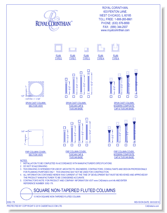 10 Inch Square Non-Tapered Fluted Fiberglass Column