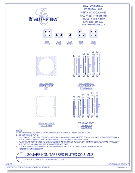 8 Inch Square Non-Tapered Fluted Fiberglass Column