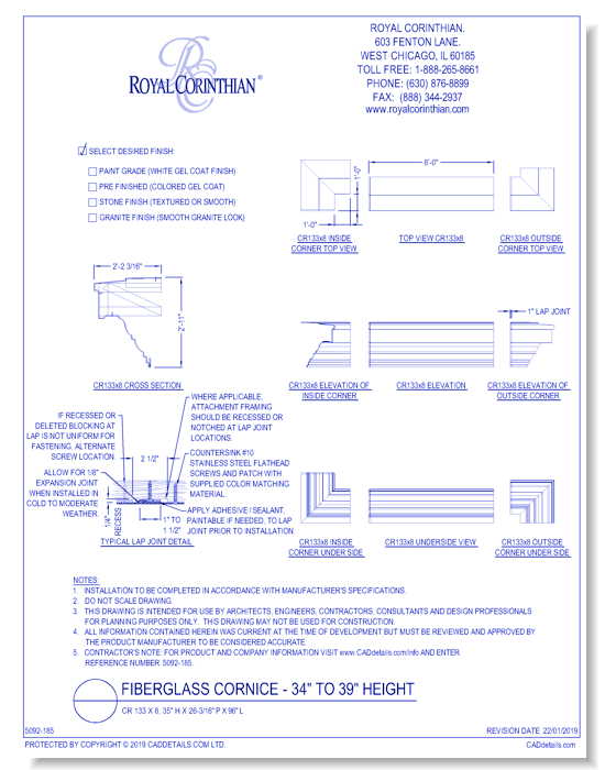 Fiberglass Cornice: CR 133x8, 35" H x 26-3/16" P x 96" L