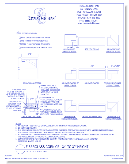 Fiberglass Cornice: CR 139x8, 39" H x 30" P x 96" L