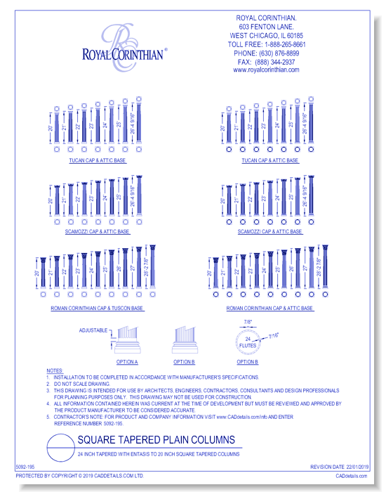 24 Inch Tapered with ENTASIS to 20 Inch Square Tapered Fiberglass Column