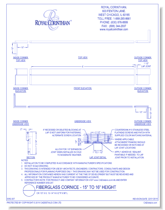 Fiberglass Cornice: CR 157x8, 15 1/4" H x 2" P x 96" L