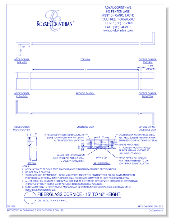 Fiberglass Cornice: CR 156x8, 16" H x 2" P x 96" L