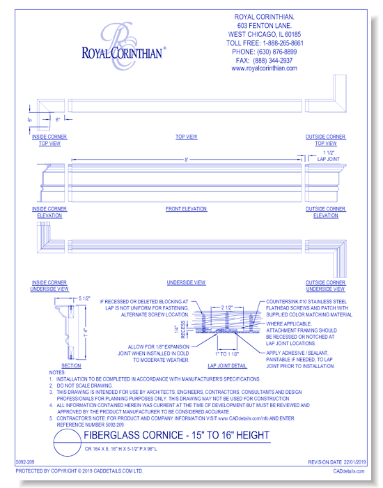Fiberglass Cornice: CR 164x8, 16" H x 5 1/2" P x 96" L