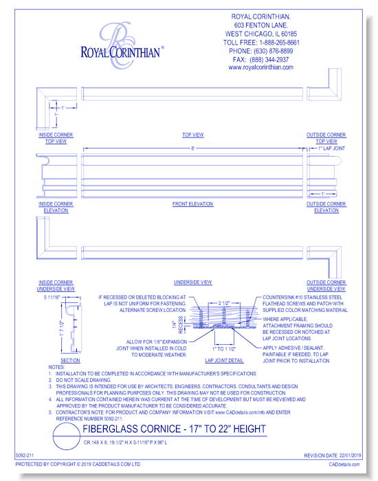 Fiberglass Cornice: CR 148x8, 19 1/2" H x 5 11/16" P x 96" L