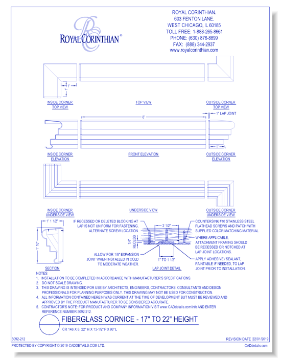 Fiberglass Cornice: CR 146x8, 22" H x 13 1/2" P x 96" L