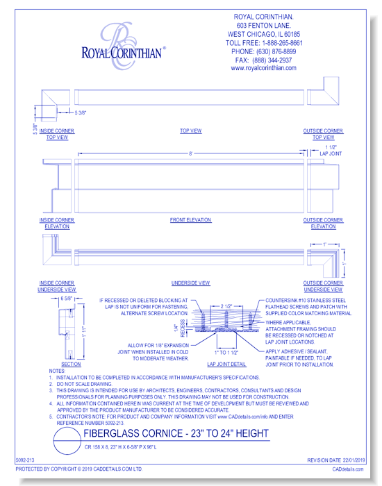 Fiberglass Cornice: CR 158x8, 23" H x 6 5/8" P x 96" L