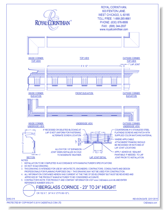 Fiberglass Cornice: CR 152x7, 24" H x 12' P x 80 1/2" L