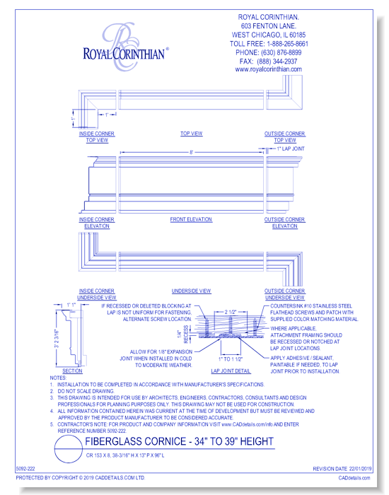 Fiberglass Cornice: CR 153x8, 38 3/16" H x 13" P x 96" L