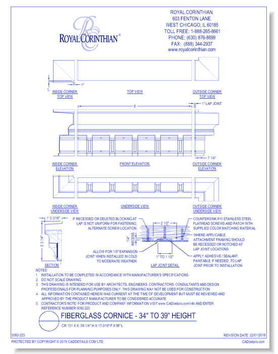 Fiberglass Cornice: CR 151x8, 39 1/4" H x 17 3/16" P x 96" L