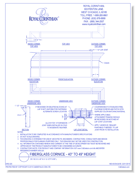 Fiberglass Cornice: CR 162x8, 48" H x 12 1/2" P x 96" L