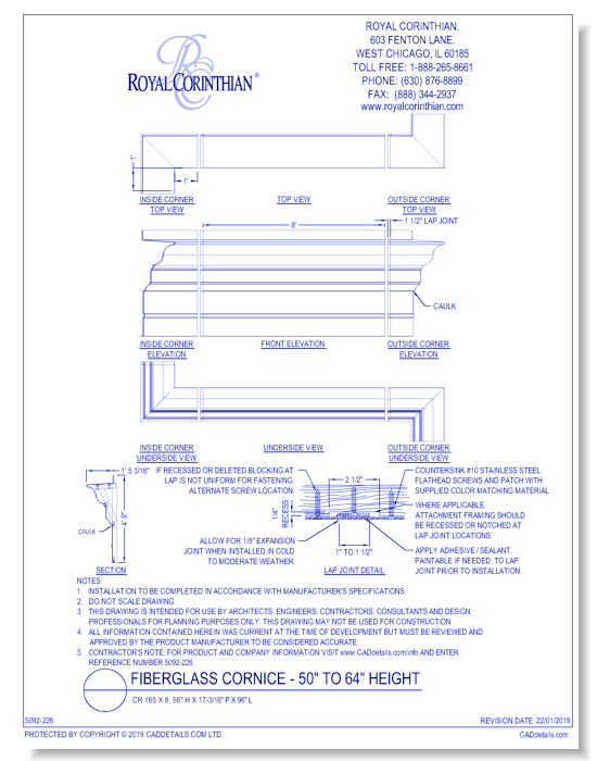Fiberglass Cornice: CR 165x8, 56" H x 17 3/16" P x 96" L