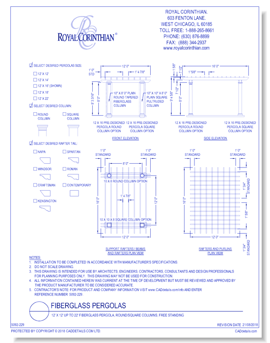 12' X 12' Up To 22' Fiberglass Pergola, Round/square Columns, Free Standing