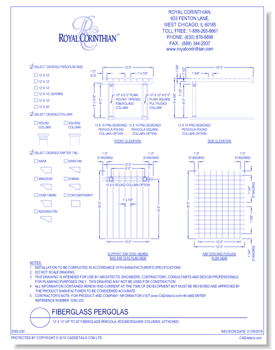 12' X 10' Up To 20' Fiberglass Pergola, Round/square Columns, Attached