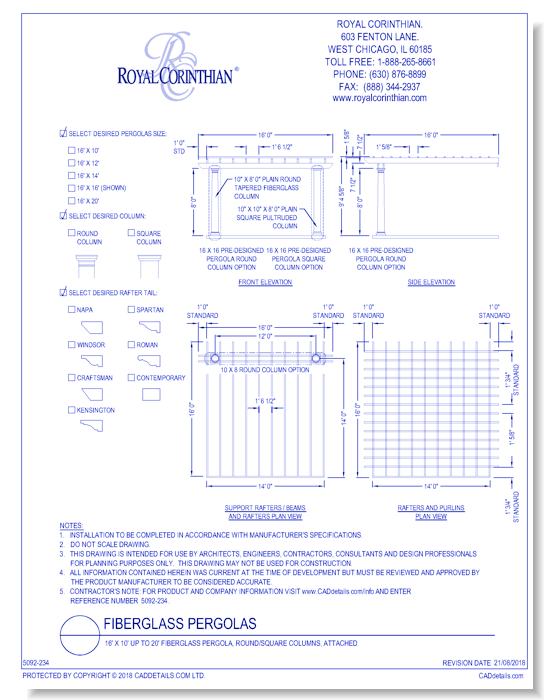 16' X 10' Up To 20' Fiberglass Pergola, Round/square Columns, Attached