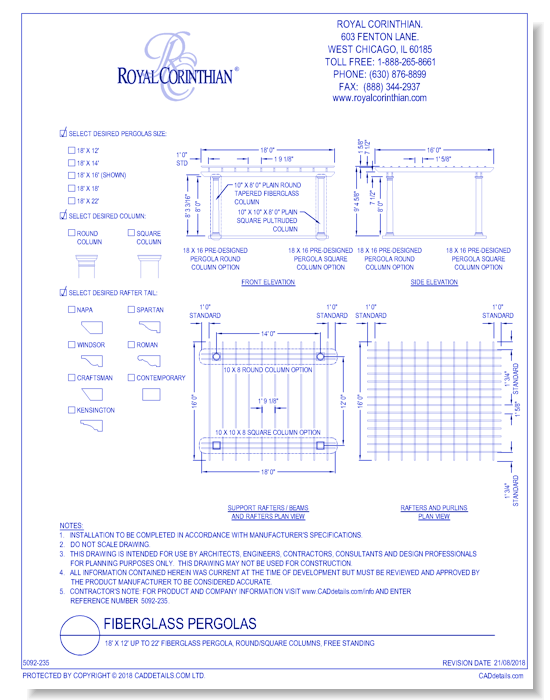18' X 12' Up To 22' Fiberglass Pergola, Round/square Columns, Free Standing