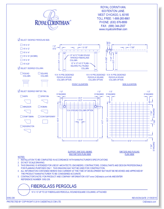 18' X 10' Up To 20' Fiberglass Pergola, Round/square Columns, Attached
