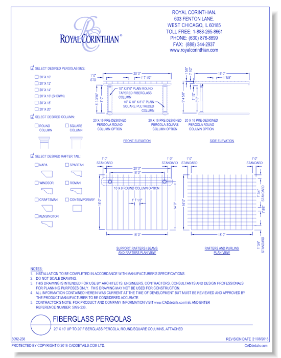 20' X 10' Up To 20' Fiberglass Pergola, Round/square Columns, Attached