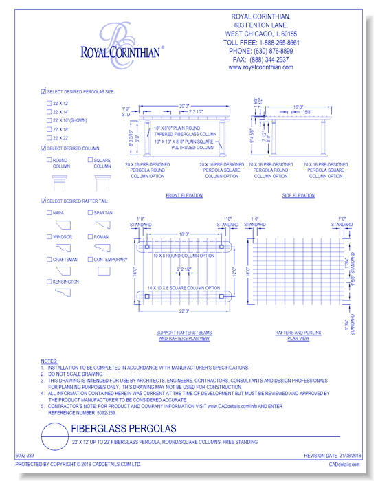 22' X 12' Up To 22' Fiberglass Pergola, Round/square Columns, Free Standing