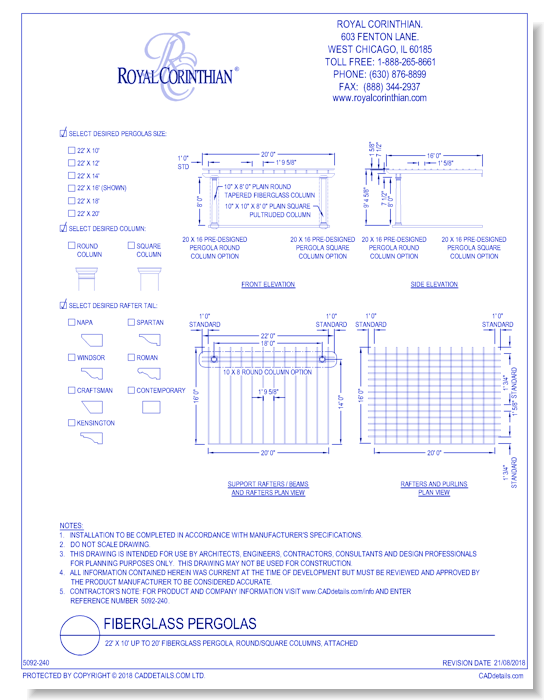22' X 10' Up To 20' Fiberglass Pergola, Round/square Columns, Attached
