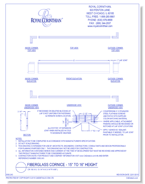 Fiberglass Cornice: CR 180x8, 15-1/4" H x 3-1/4" P x 96" L