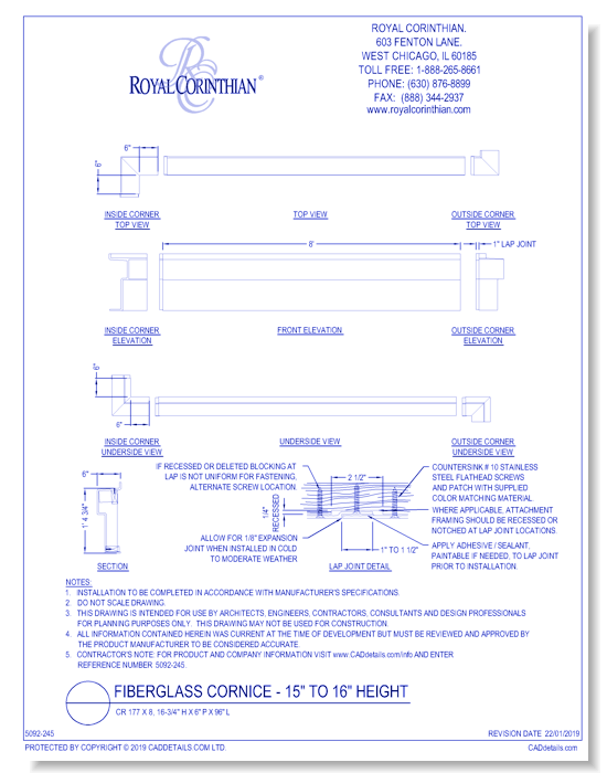 Fiberglass Cornice: CR 177x8, 16-3/4" H x 6" P x 96" L