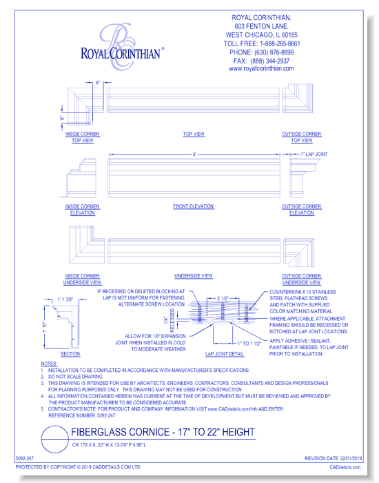 Fiberglass Cornice: CR 179x8, 22" H x 13-7/8" P x 96" L