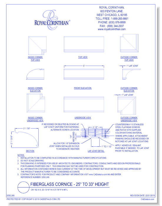 Fiberglass Cornice: CR 182x8, 25-13/16" H x 37-7/8" P x 96" L