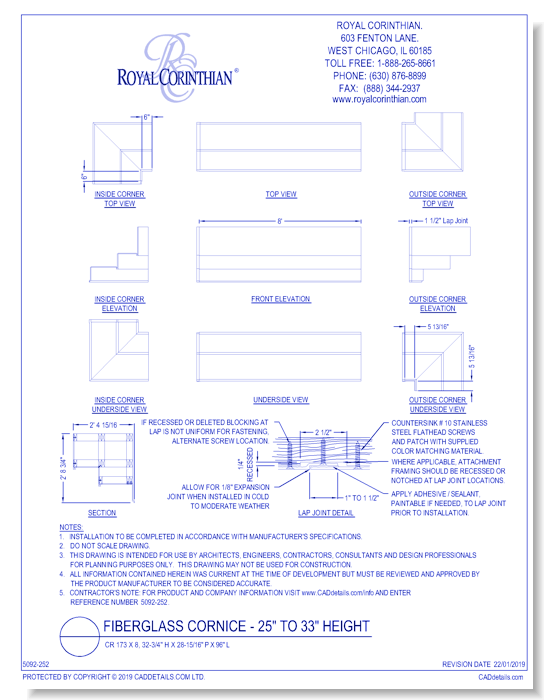 Fiberglass Cornice: CR 173x8, 32-3/4" H x 28-15/16" P x 96" L