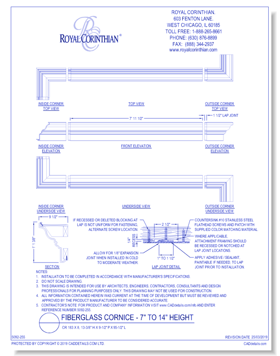 Fiberglass Cornice: CR 183x8, 13-3/8" H x 9-1/2" P x 95-1/2" L