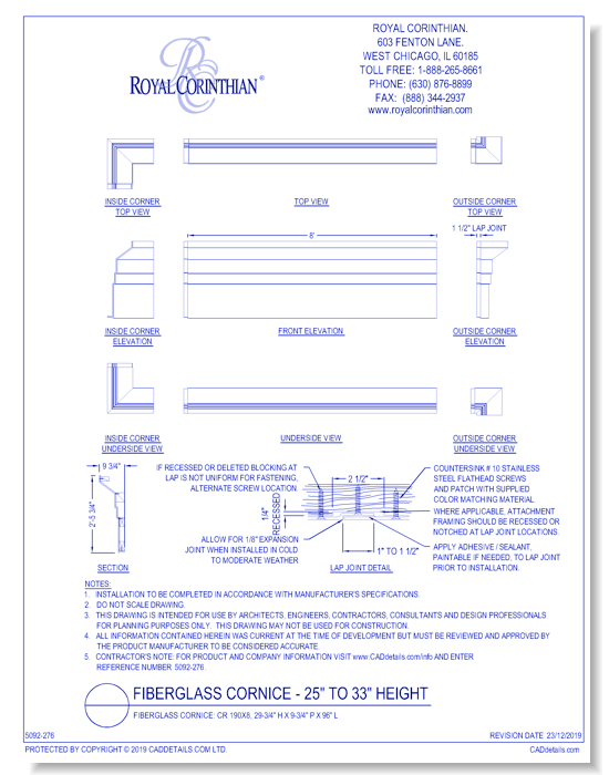 Fiberglass Cornice: CR 190x8, 29-3/4'' H x 9-3/4'' P x 96'' L