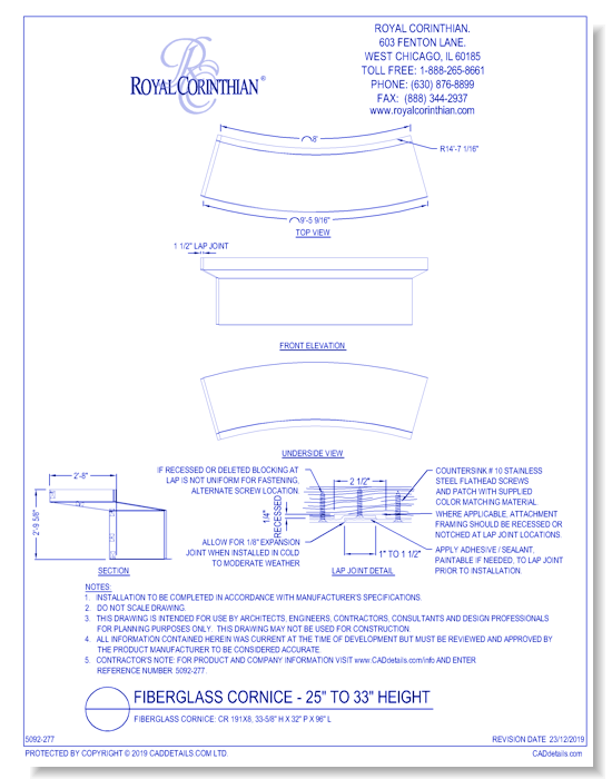 Fiberglass Cornice: CR 191x8, 33-5/8'' H x 32'' P x 96'' L