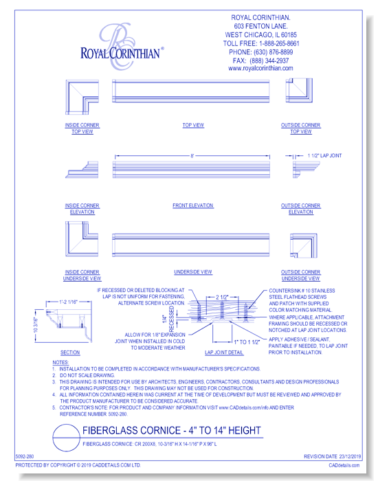 Fiberglass Cornice: CR 200x8, 10-3/16'' H x 14-1/16'' P x 96'' L