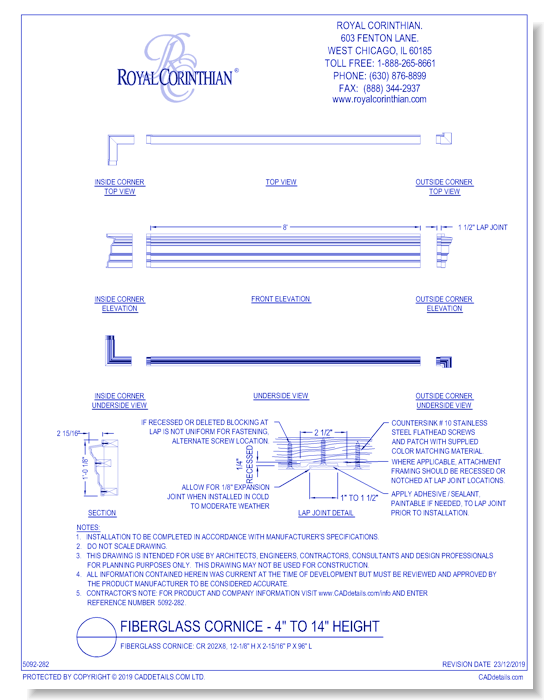 Fiberglass Cornice: CR 202x8, 12-1/8'' H x 2-15/16'' P x 96'' L