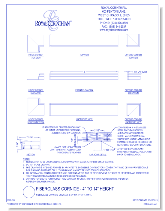 Fiberglass Cornice: CR 203x8, 8-3/4'' H x 17-1/4'' P x 96'' L