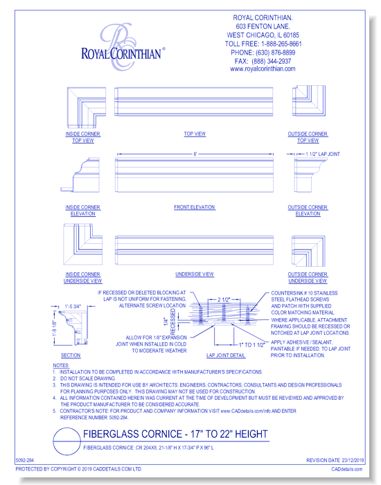 Fiberglass Cornice: CR 204x8, 21-1/8'' H x 17-3/4'' P x 96'' L