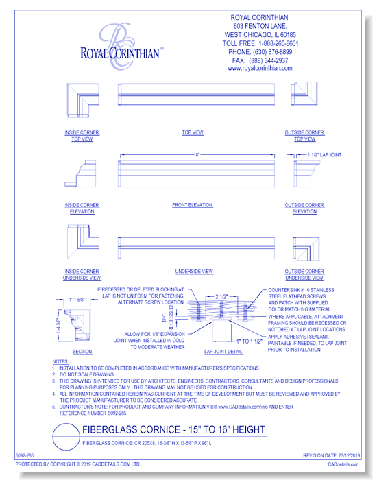 Fiberglass Cornice: CR 205x8, 16-3/8'' H x 13-5/8'' P x 96'' L