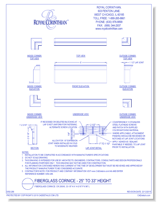 Fiberglass Cornice: CR 206x8, 33-1/8'' H x 14-3/16'' P x 96'' L