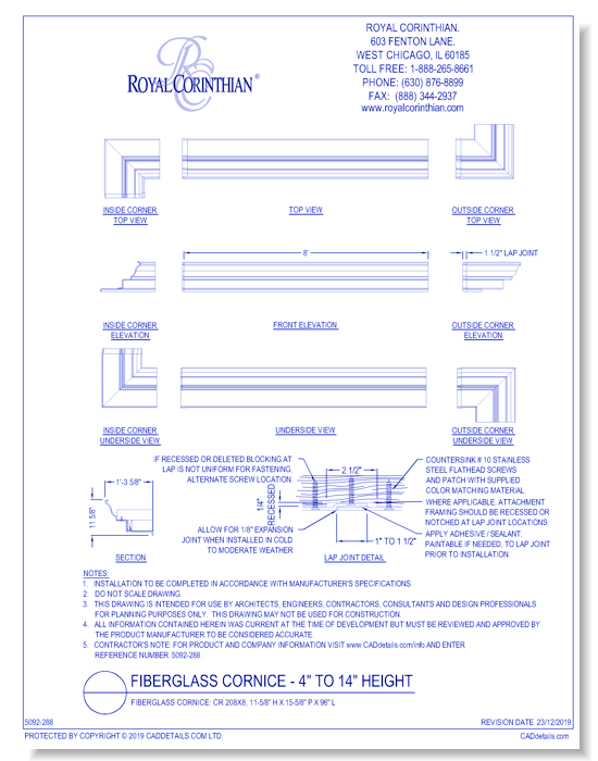 Fiberglass Cornice: CR 208x8, 11-5/8'' H x 15-5/8'' P x 96'' L