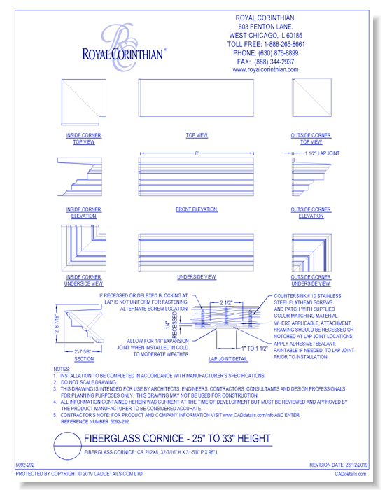 Fiberglass Cornice: CR 212x8, 32-7/16'' H x 31-5/8'' P x 96'' L