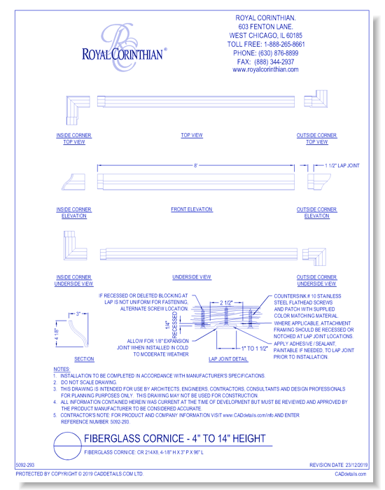 Fiberglass Cornice: CR 214x8, 4-1/8'' H x 3'' P x 96'' L