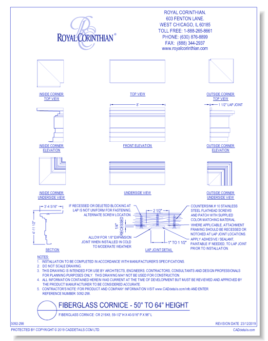 Fiberglass Cornice: CR 219x8, 59-1/2'' H x 40-5/16'' P x 96'' L