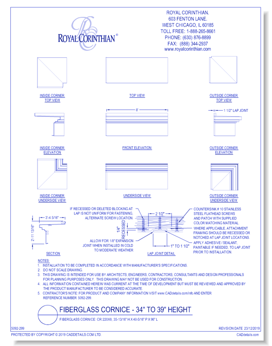 Fiberglass Cornice: CR 220x8, 35-13/16'' H x 40-5/16'' P x 96'' L