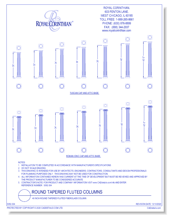 48 Inch Round Tapered Fluted Fiberglass Column
