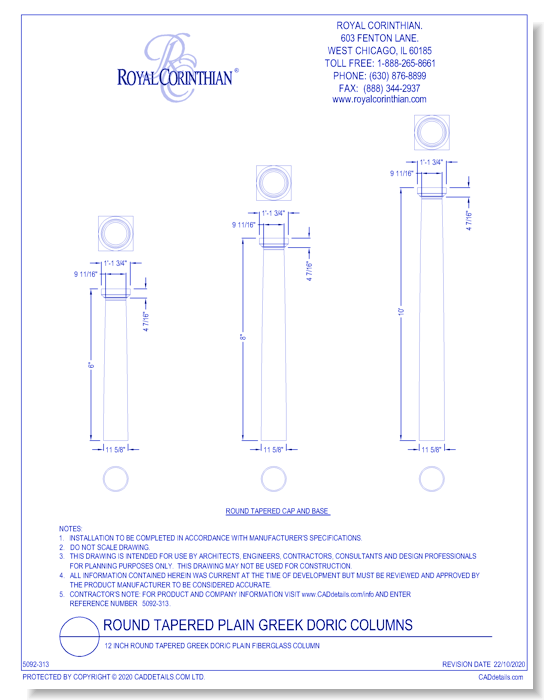 12 Inch Round Tapered Greek Doric Plain Fiberglass Column